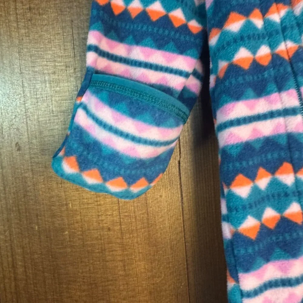 Patagonia Kids Footed One-Piece Fleece Romper in Teal, Pink & Orange Geo Print